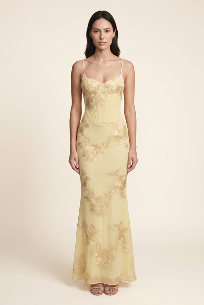 Women's Formal Maxi Dress with Lace-Up Back - Lemon