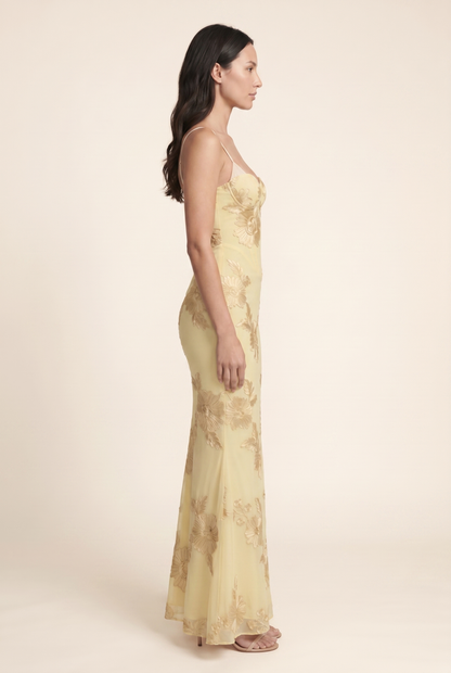 Women's Formal Maxi Dress with Lace-Up Back - Lemon