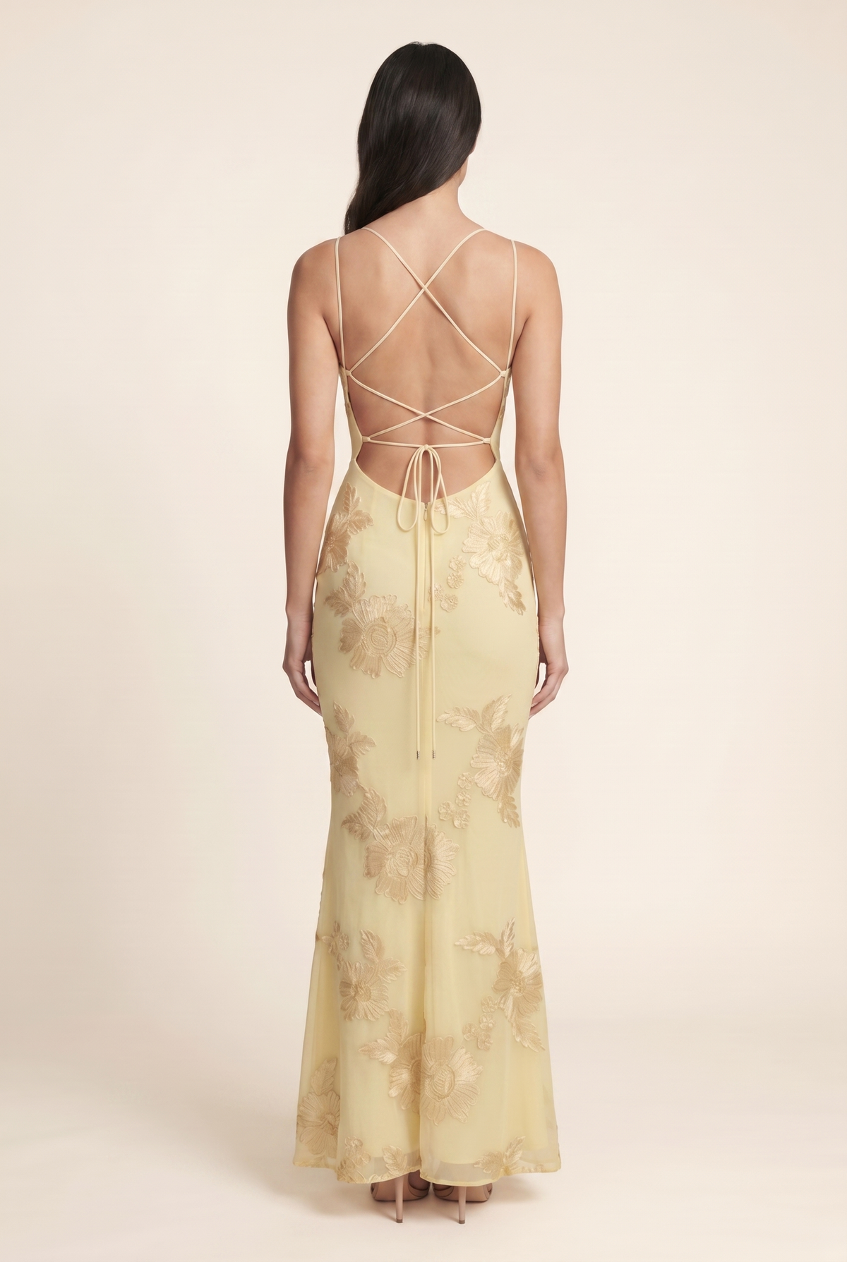 Women's Formal Maxi Dress with Lace-Up Back - Lemon