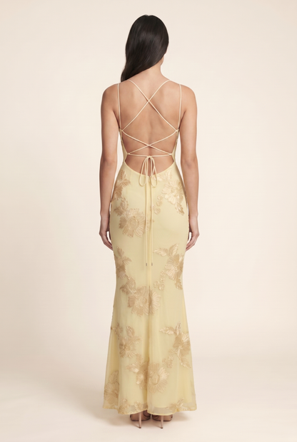 Women's Formal Maxi Dress with Lace-Up Back - Lemon