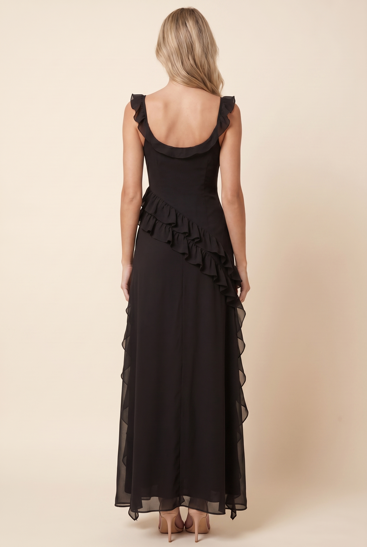 Women's Formal Maxi Dress with Ruffle Straps - Black
