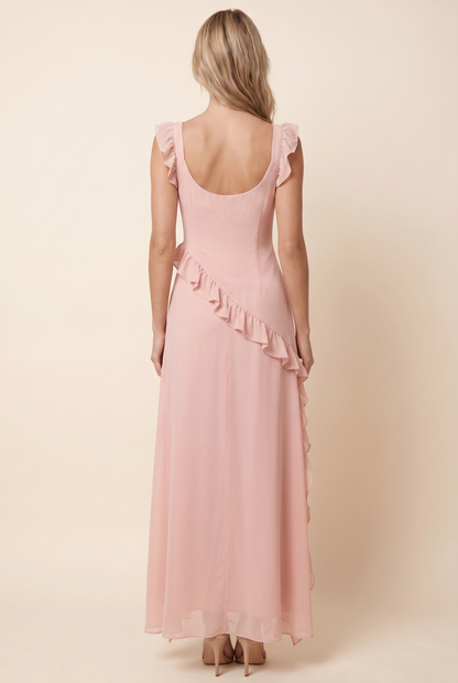 Women's Formal Maxi Dress with Ruffle Straps - Blush Pink