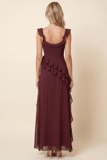 Women's Formal Maxi Dress with Ruffle Straps - Burgundy