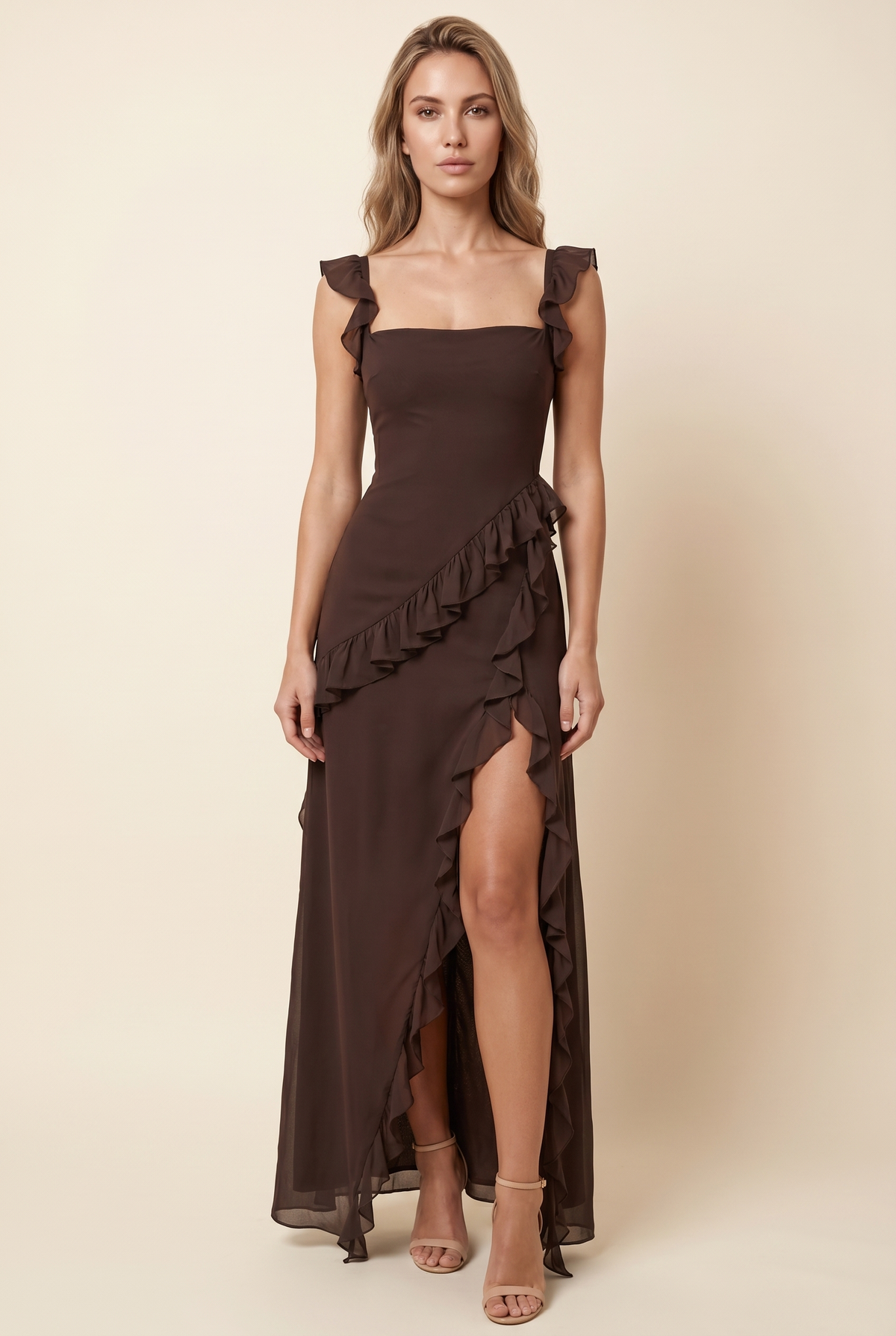 Women's Formal Maxi Dress with Ruffle Straps - Chocolate Brown