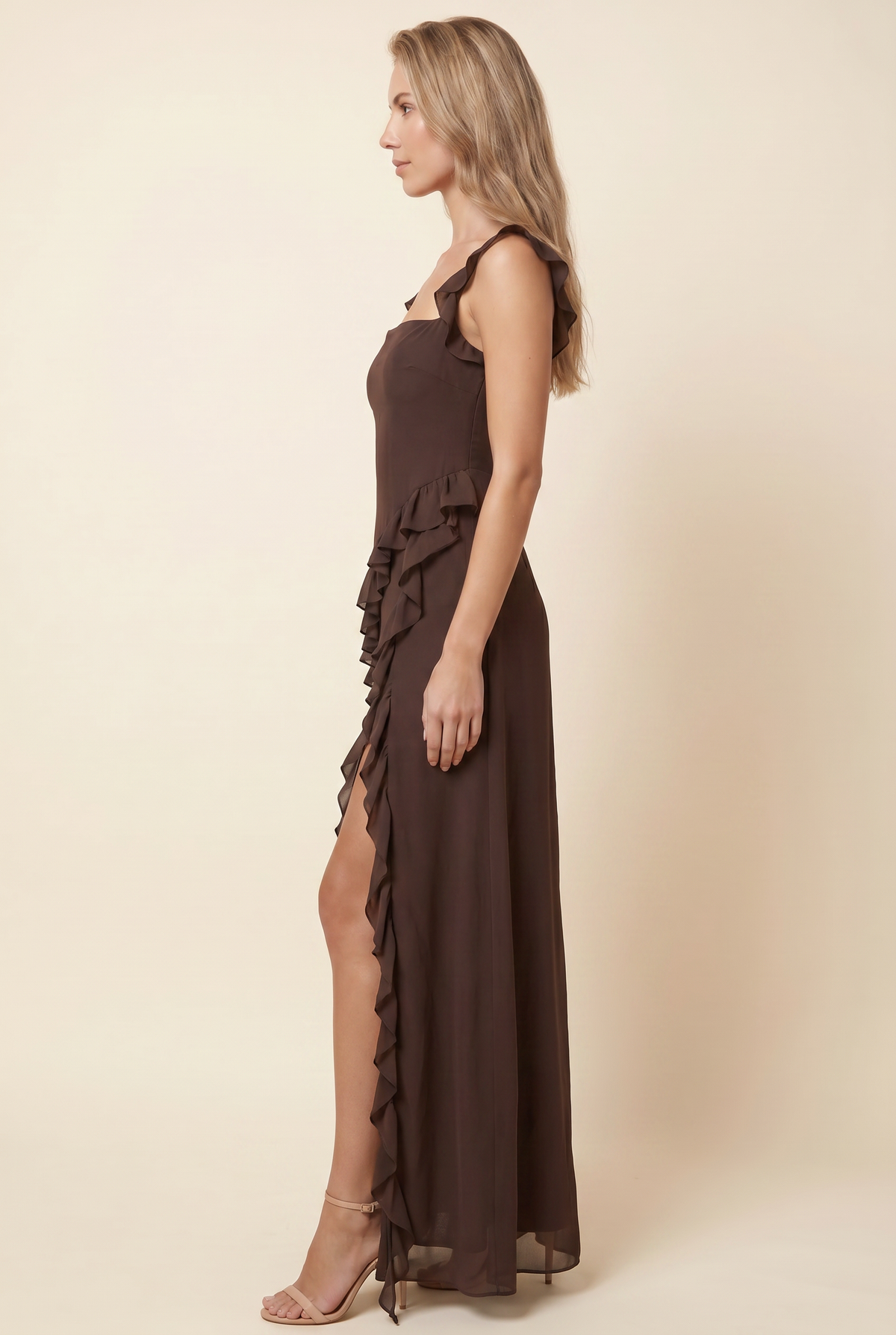 Women's Formal Maxi Dress with Ruffle Straps - Chocolate Brown