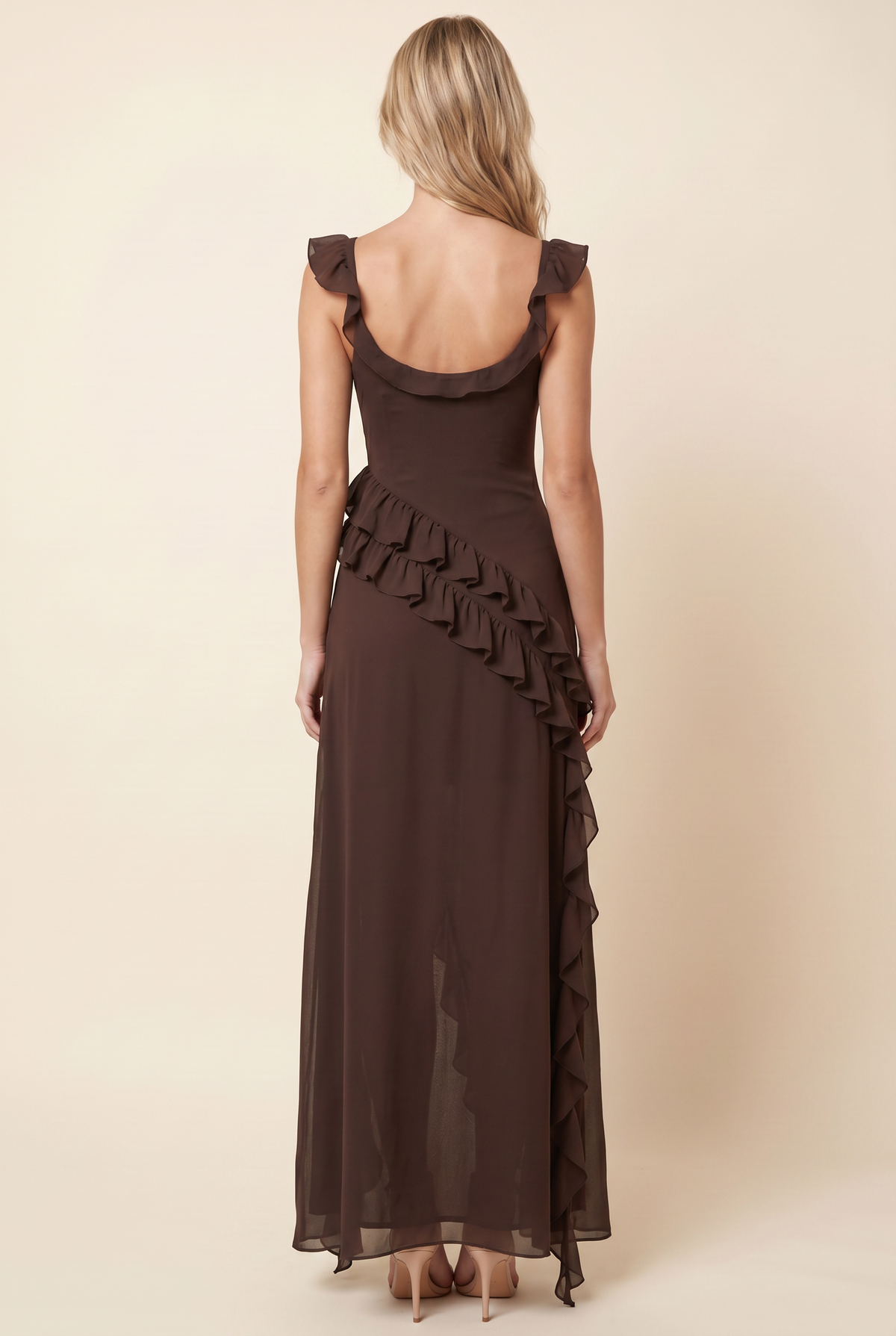Women's Formal Maxi Dress with Ruffle Straps - Chocolate Brown