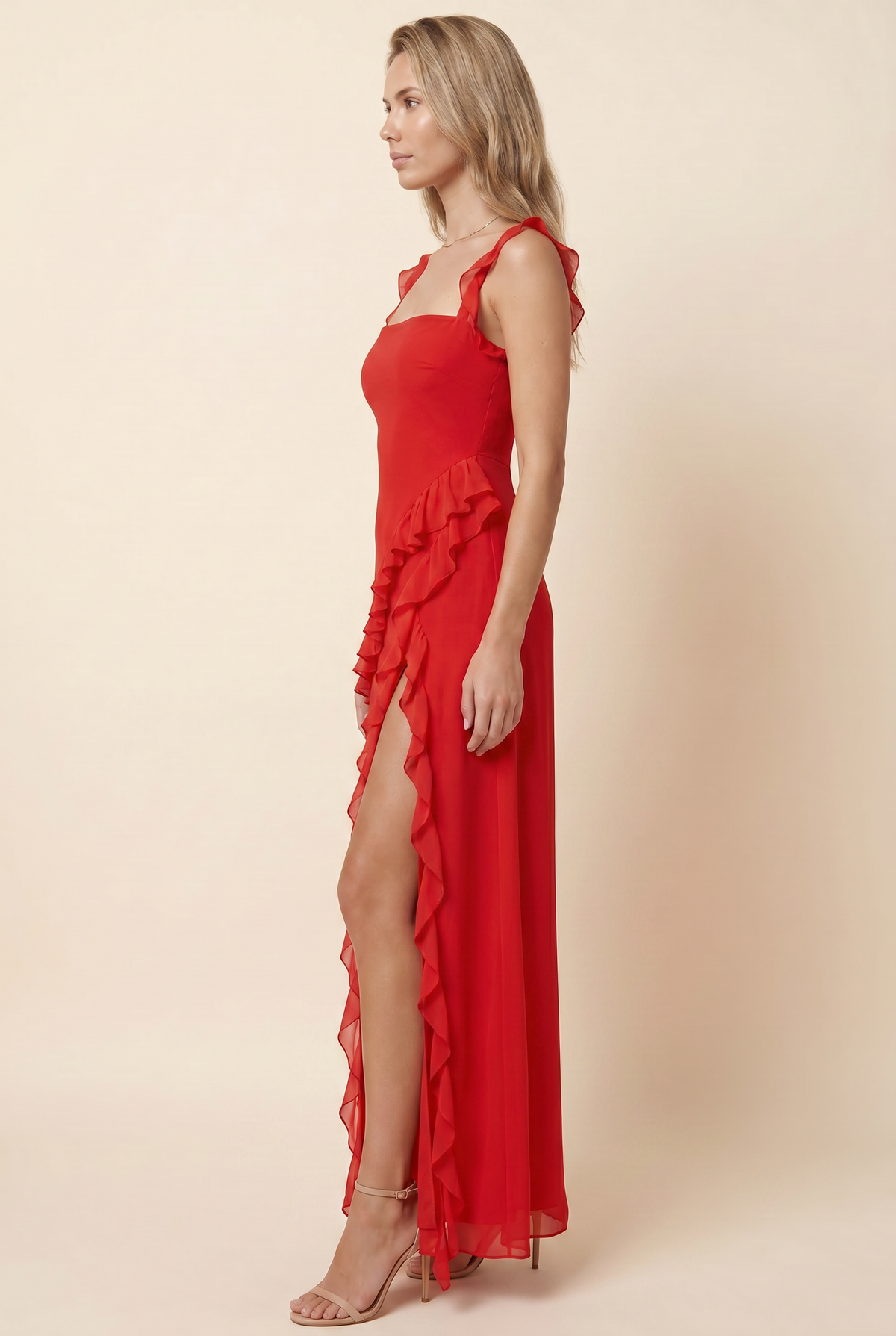 Women's Formal Maxi Dress with Ruffle Straps - Red