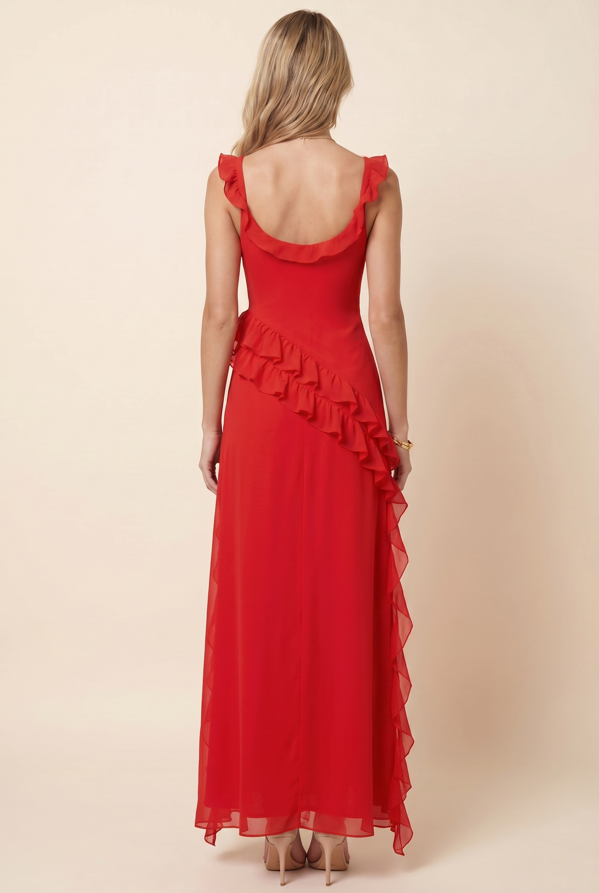 Women's Formal Maxi Dress with Ruffle Straps - Red
