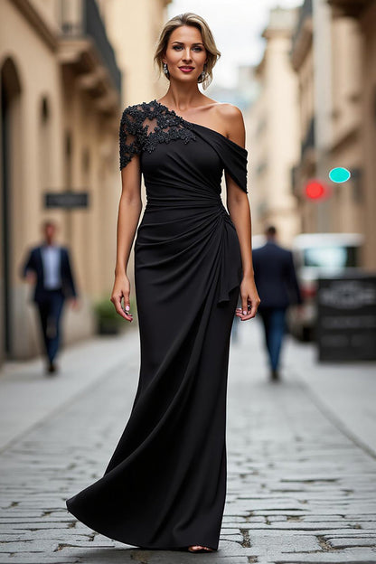Women's Formal One Shoulder Floor-Length Black Dress - Black