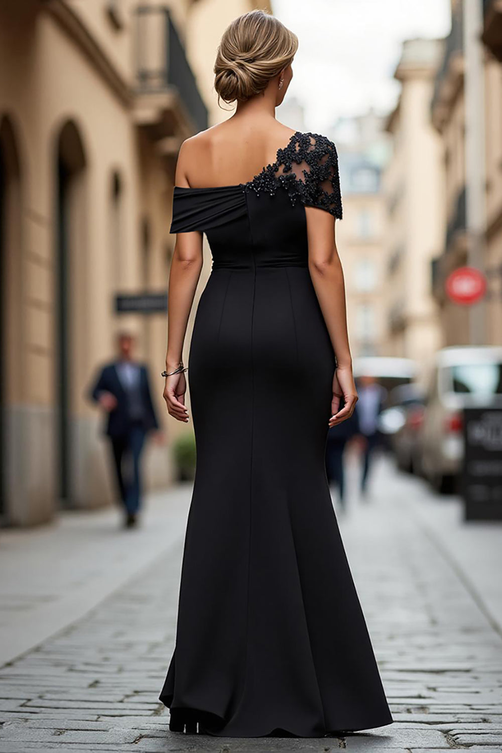 Women's Formal One Shoulder Floor-Length Black Dress - Black