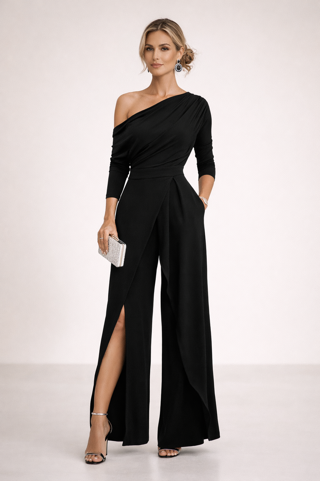 Women's Formal One-Shoulder Wrap Skirt Wide Leg Jumpsuit - Black