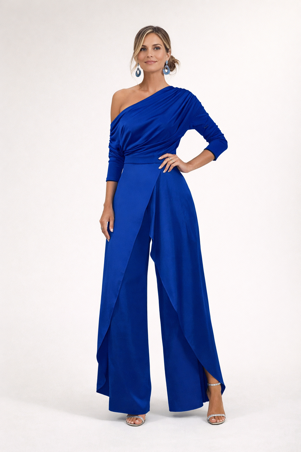 Women's Formal One-Shoulder Wrap Skirt Wide Leg Jumpsuit - Royal Blue