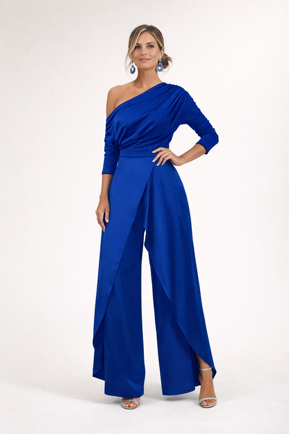 Women's Formal One-Shoulder Wrap Skirt Wide Leg Jumpsuit - Royal Blue