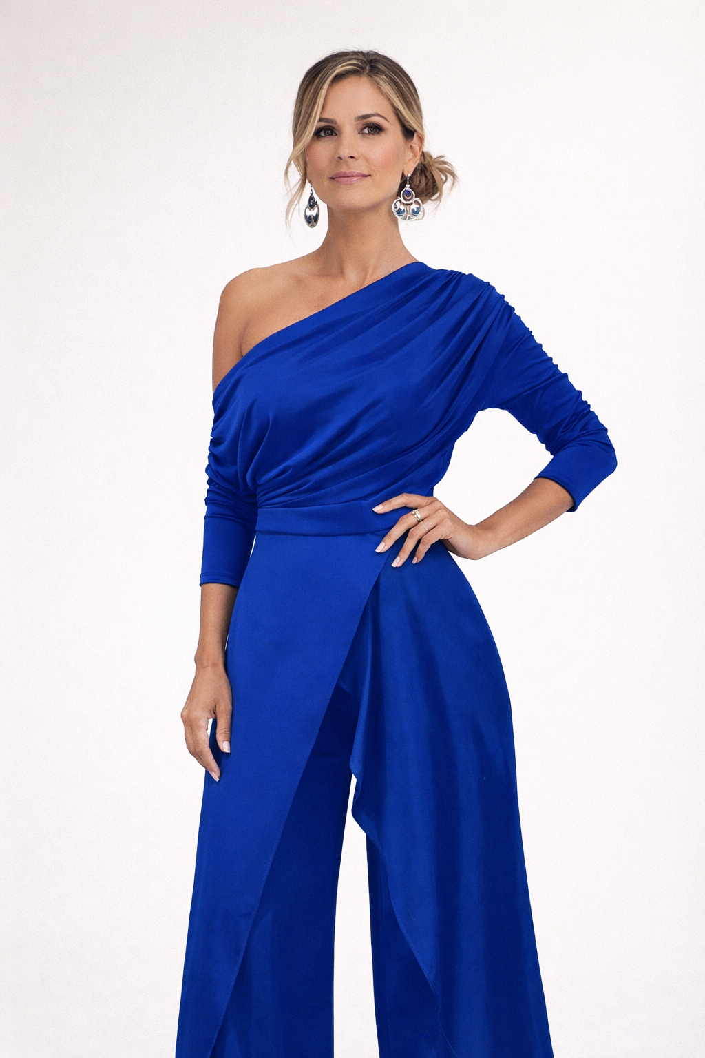 Women's Formal One-Shoulder Wrap Skirt Wide Leg Jumpsuit - Royal Blue
