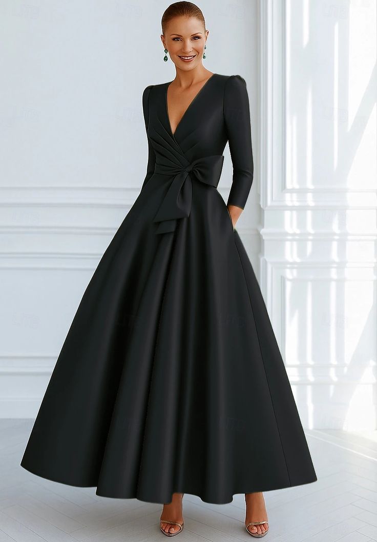 Women's Formal V-Neck Ankle-Length Satin Black Dress - Black