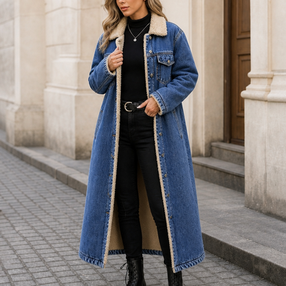 Women's Full-Length Denim Coat with Sherpa Lining - Dark Blue