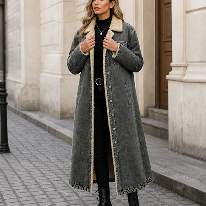 Women's Full-Length Denim Coat with Sherpa Lining - Gray