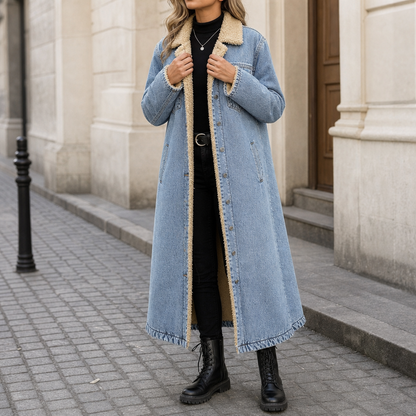 Women's Full-Length Denim Coat with Sherpa Lining - Sky Blue