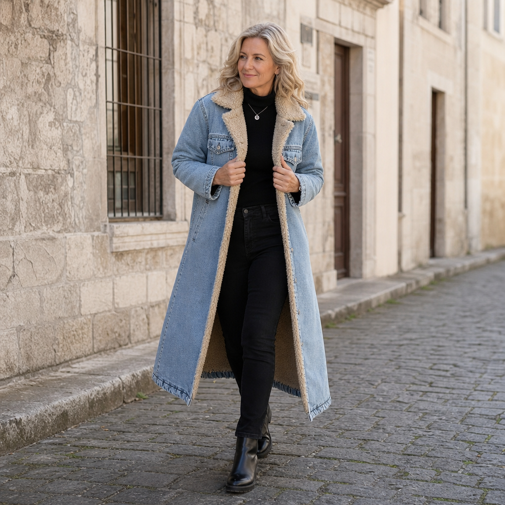 Women's Full-Length Denim Coat with Sherpa Lining - Sky Blue