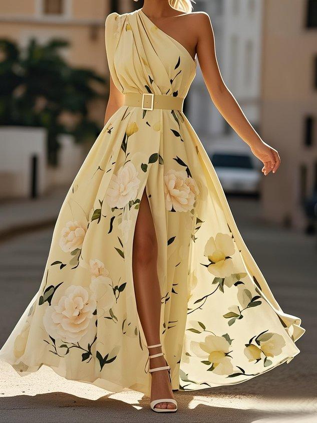 Women's Garden Party One-Shoulder Floral Chiffon Maxi Dress - Butter Yellow Floral