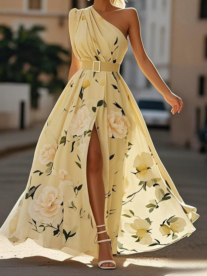 Women's Garden Party One-Shoulder Floral Chiffon Maxi Dress - Butter Yellow Floral