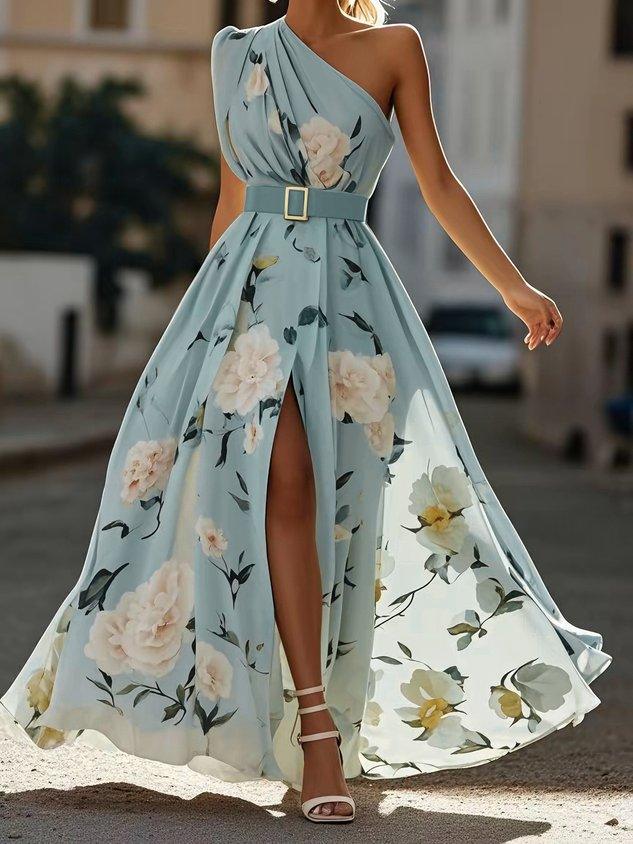 Women's Garden Party One-Shoulder Floral Chiffon Maxi Dress - Dusty Blue Floral