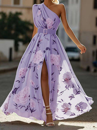 Women's Garden Party One-Shoulder Floral Chiffon Maxi Dress - Lavender Floral