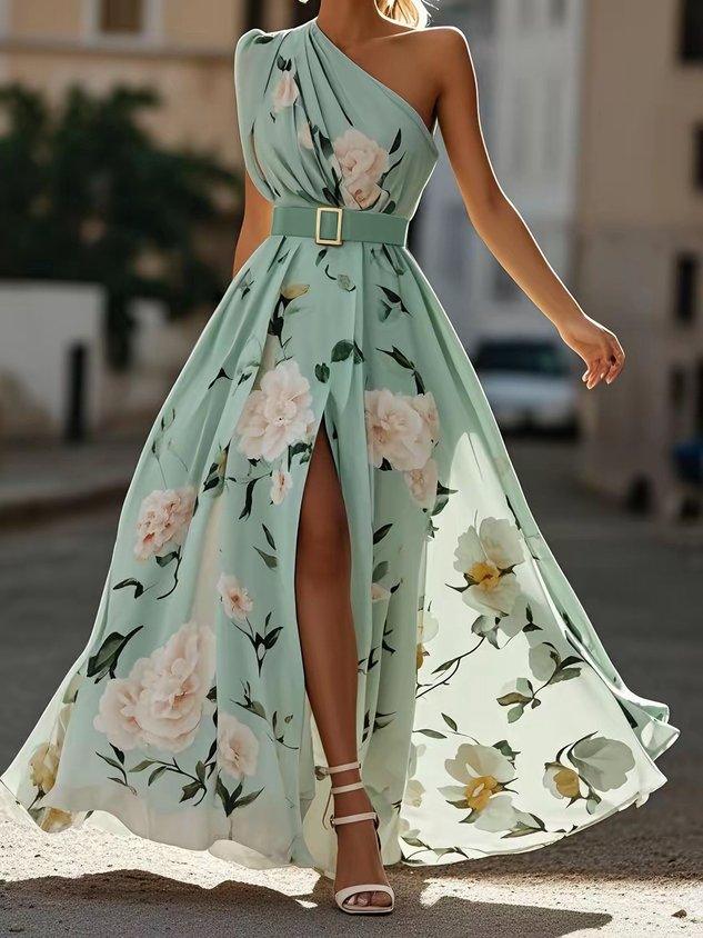 Women's Garden Party One-Shoulder Floral Chiffon Maxi Dress - Mint Floral