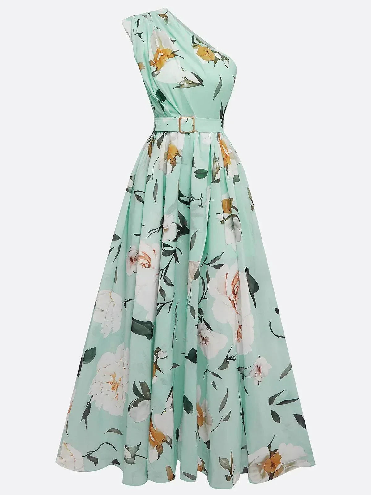 Women's Garden Party One-Shoulder Floral Chiffon Maxi Dress - Mint Floral