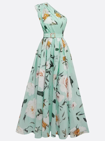 Women's Garden Party One-Shoulder Floral Chiffon Maxi Dress - Mint Floral