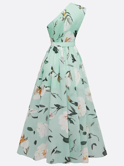 Women's Garden Party One-Shoulder Floral Chiffon Maxi Dress - Mint Floral