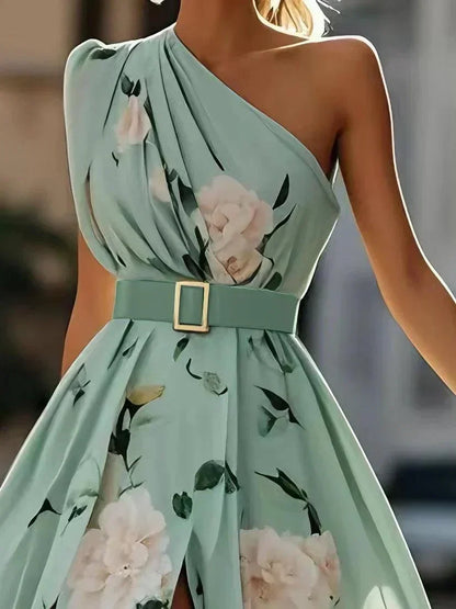 Women's Garden Party One-Shoulder Floral Chiffon Maxi Dress - Mint Floral