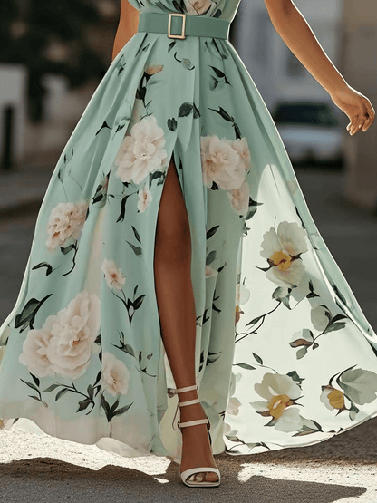 Women's Garden Party One-Shoulder Floral Chiffon Maxi Dress - Mint Floral