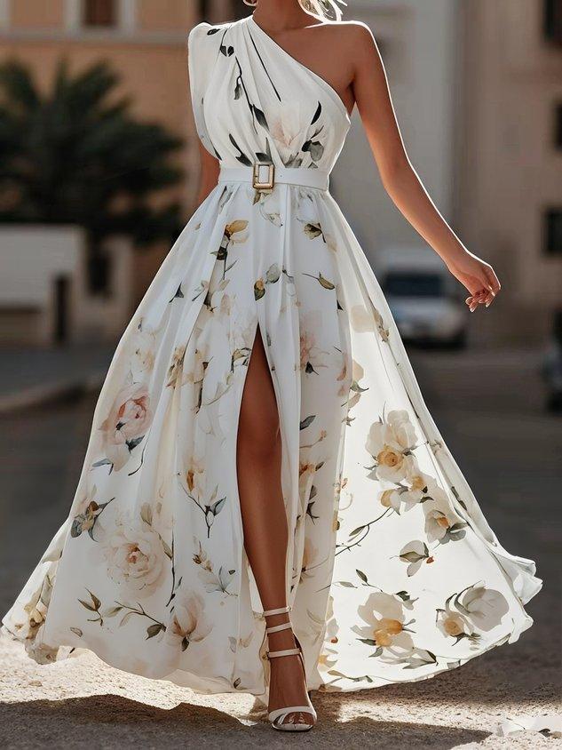 Women's Garden Party One-Shoulder Floral Chiffon Maxi Dress - White Floral