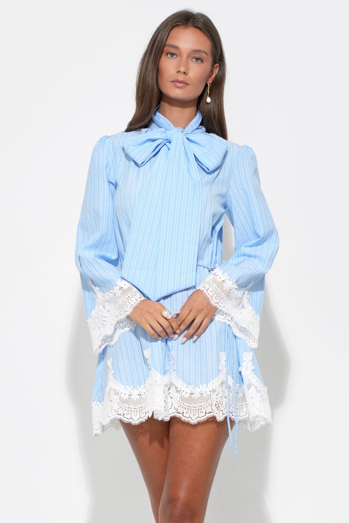 Women's Garden Party Striped Tie Neck Mini Dress - Light Blue Stripe