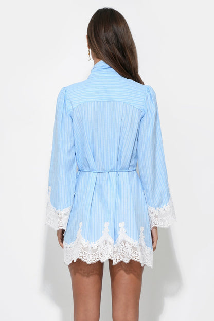 Women's Garden Party Striped Tie Neck Mini Dress - Light Blue Stripe