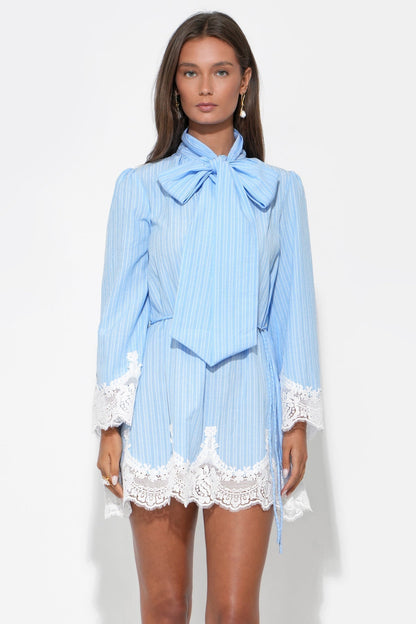 Women's Garden Party Striped Tie Neck Mini Dress - Light Blue Stripe