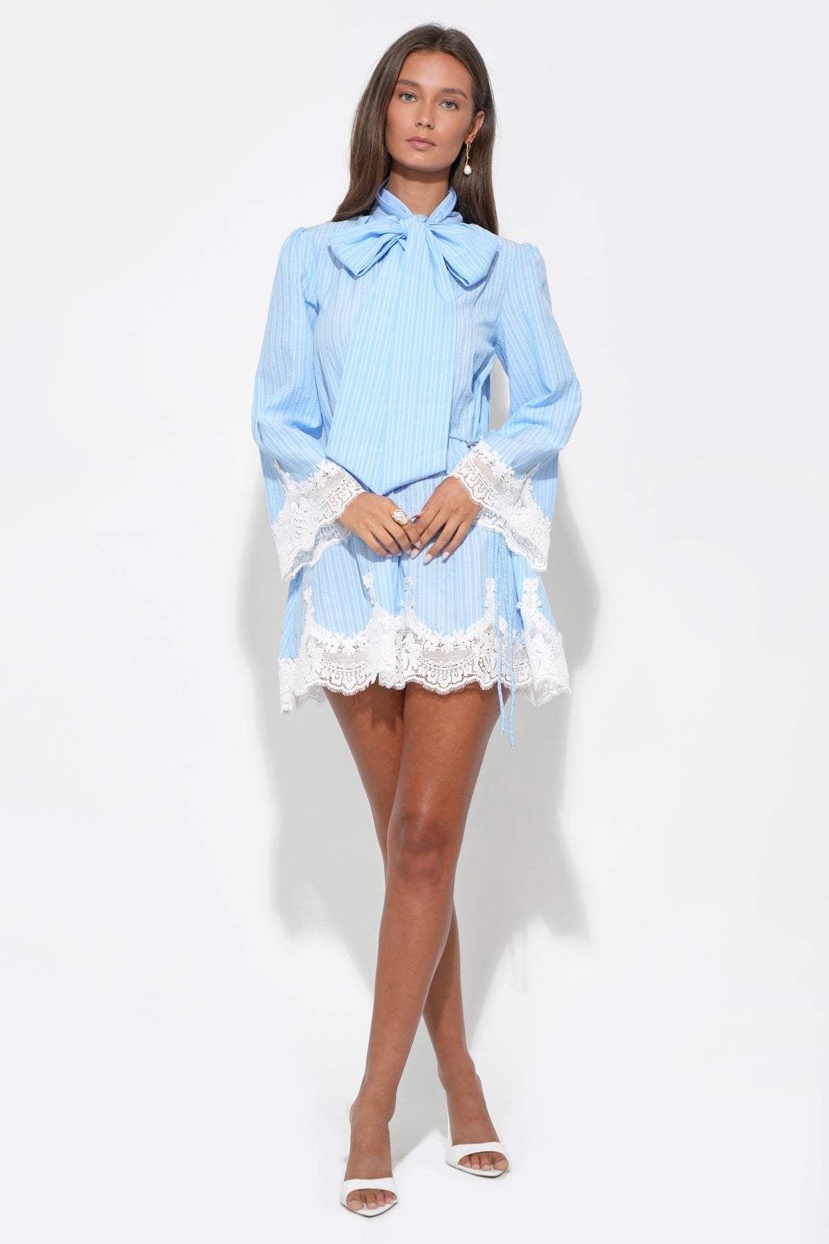 Women's Garden Party Striped Tie Neck Mini Dress - Light Blue Stripe