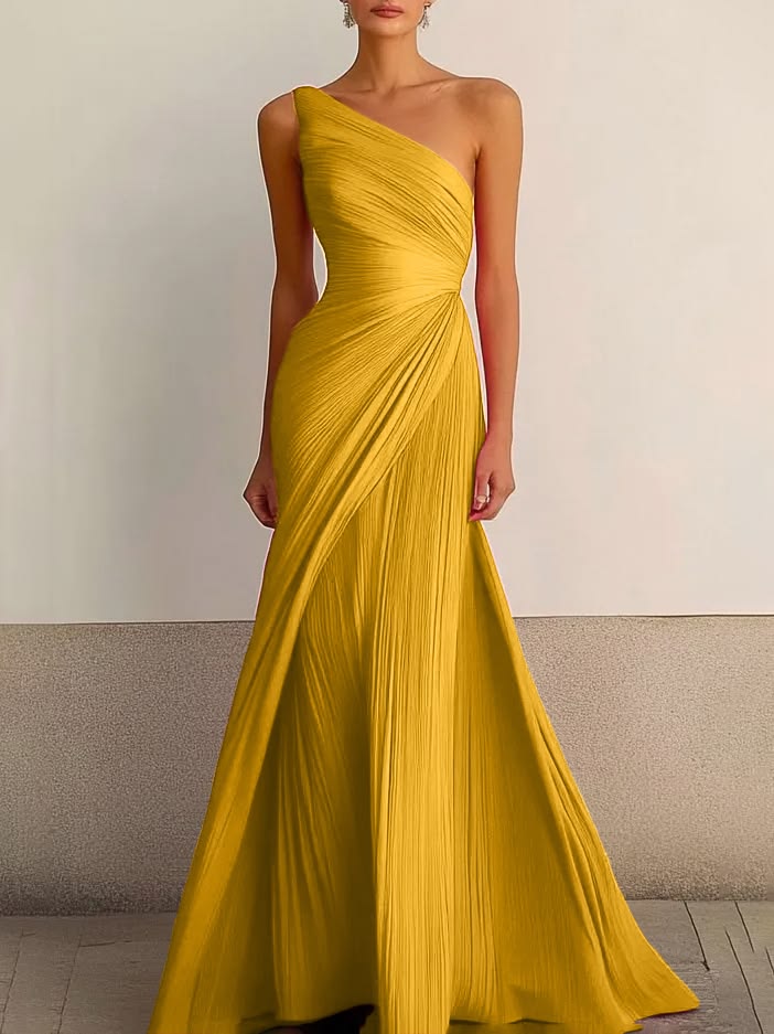 Women's Golden Yellow One-Shoulder Pleated Formal Maxi Dress - Golden Yellow