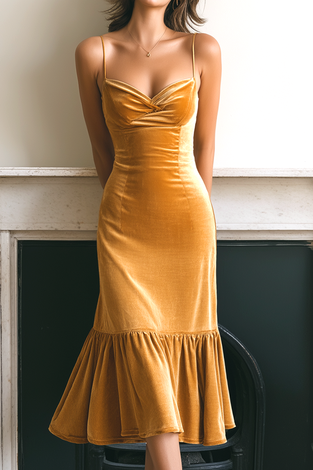 Women's Golden Yellow Velvet Cowl Neck Formal Midi Dress - Golden Yellow