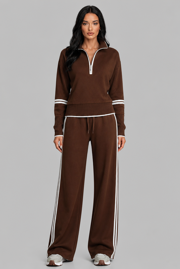 Women's Half-Zip Contrast Stripe Lounge Set - Brown