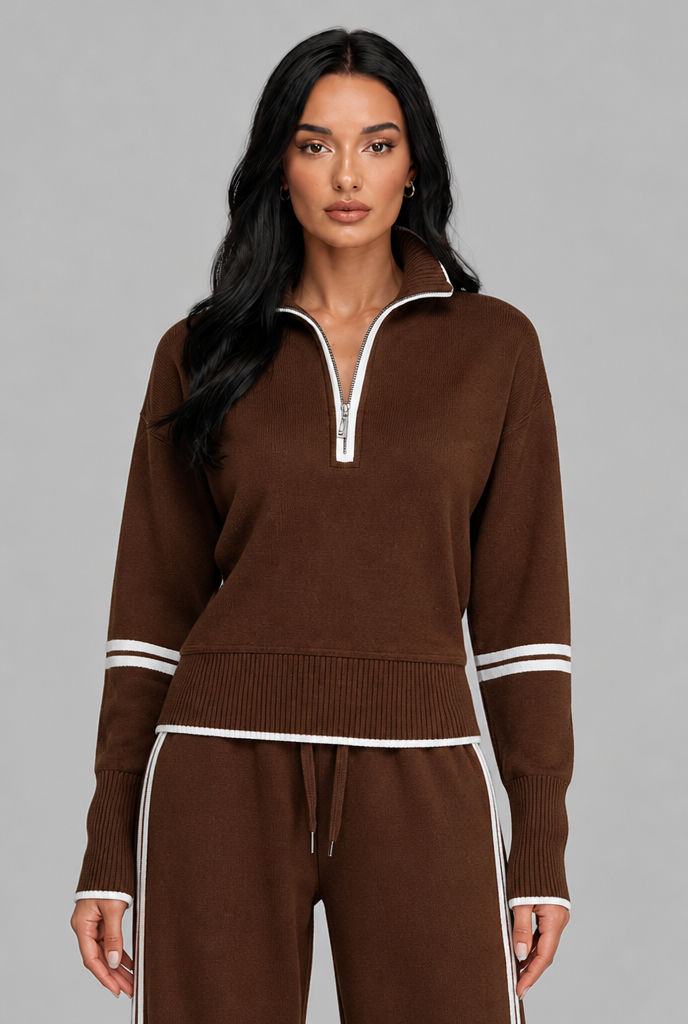 Women's Half-Zip Contrast Stripe Lounge Set - Brown