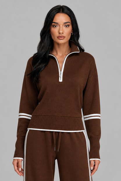 Women's Half-Zip Contrast Stripe Lounge Set - Brown