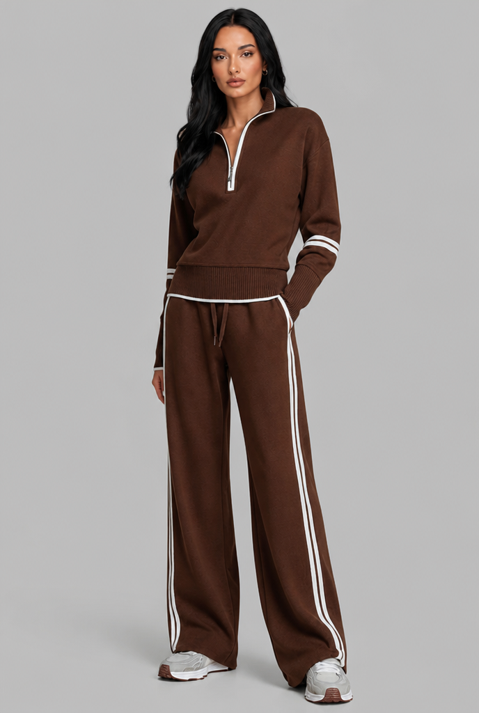 Women's Half-Zip Contrast Stripe Lounge Set - Brown