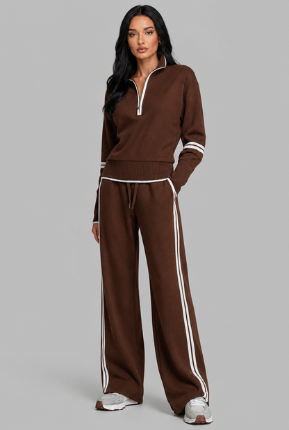 Women's Half-Zip Contrast Stripe Lounge Set - Brown