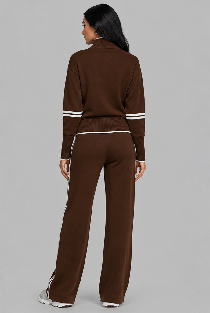 Women's Half-Zip Contrast Stripe Lounge Set - Brown
