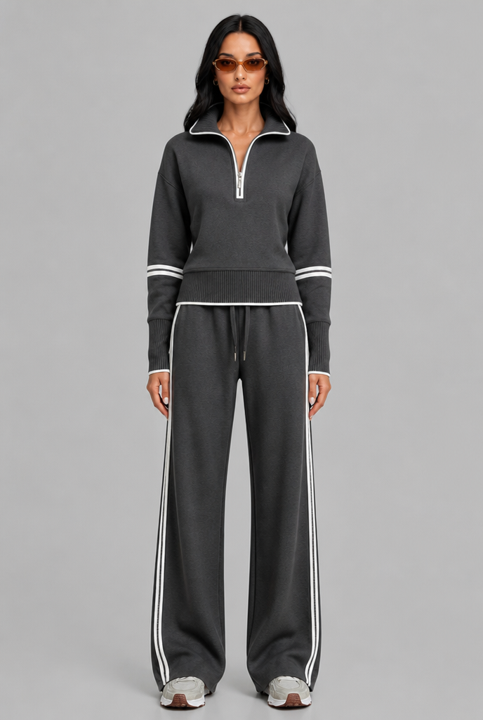 Women's Half-Zip Contrast Stripe Lounge Set - Dark Gray