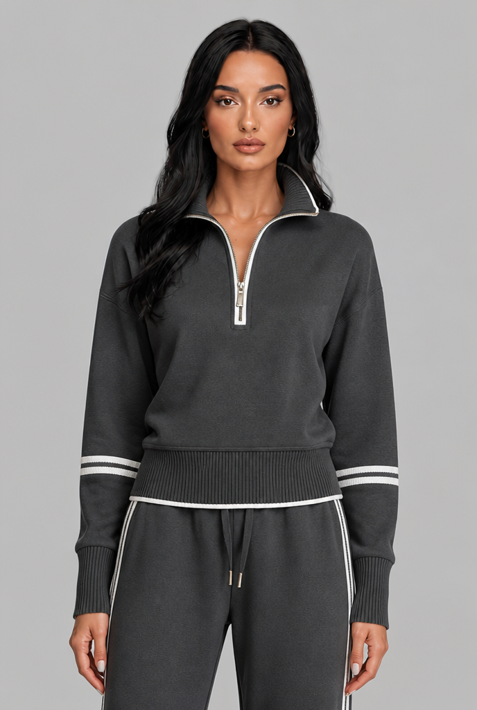 Women's Half-Zip Contrast Stripe Lounge Set - Dark Gray