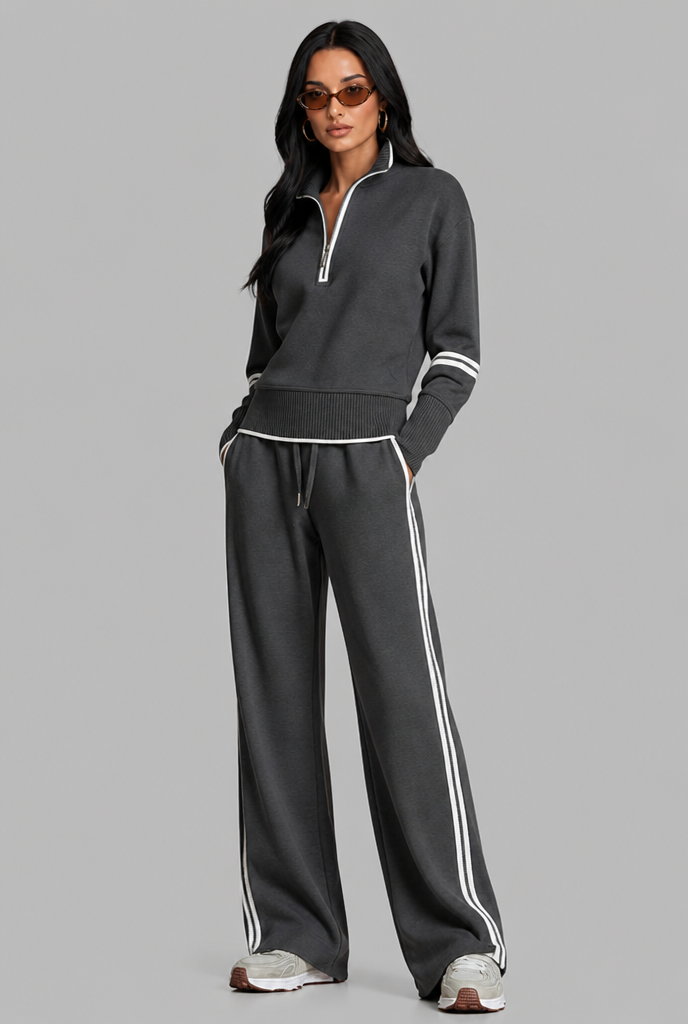 Women's Half-Zip Contrast Stripe Lounge Set - Dark Gray
