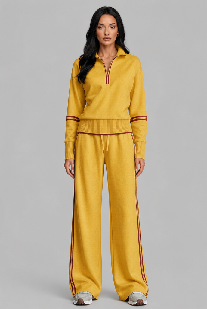Women's Half-Zip Contrast Stripe Lounge Set - Mustard Yellow